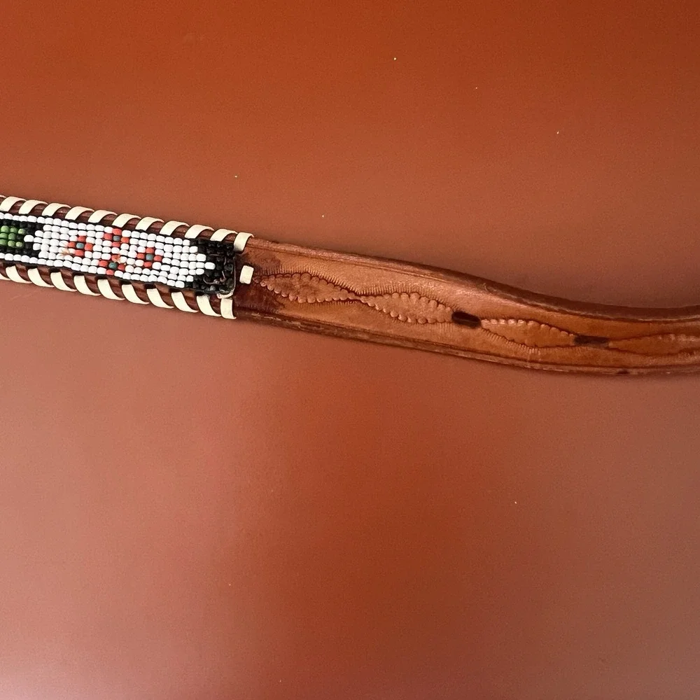 Vintage Leather Belt Child Toddler Southwest Beaded Eagle Seed Bead 30 inch